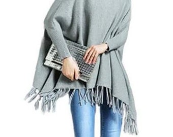 Women's New Gray 100% Wool Poncho Sweater  One Size Fits All