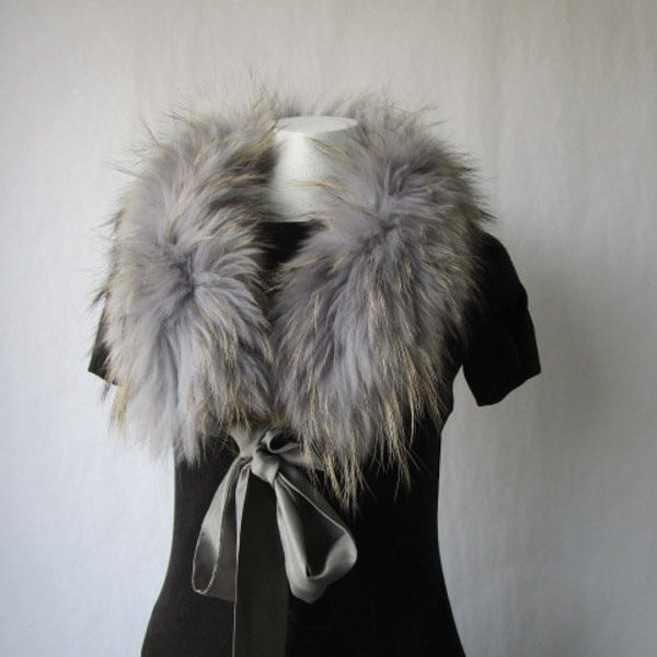 Women's New Gray Fox Fur Scarf Collar with Satin Ties SALE!