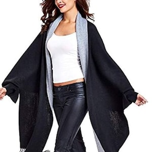 Wool Blend Cape Shawl with Sleeves Black Gray Women's