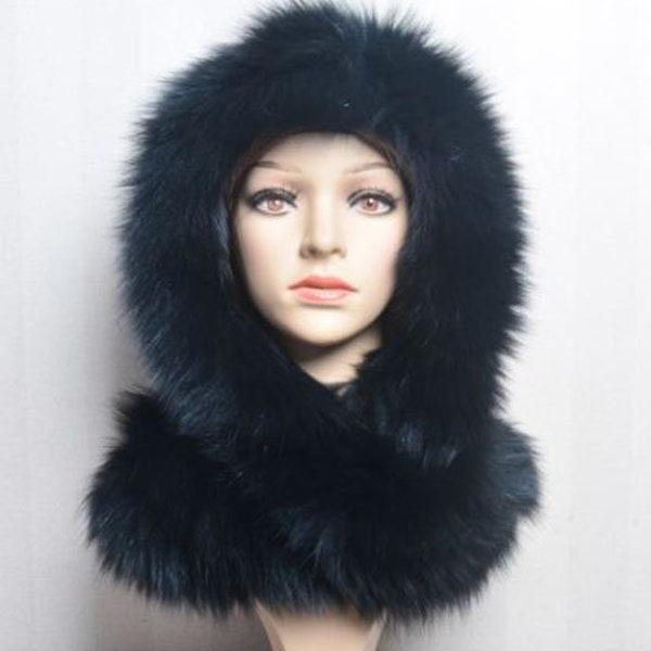 Knitted Black Fox Fur Hood Turban Scarf Hat Tube Women Winter