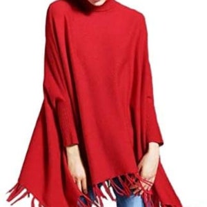 Women's New Red 100% Wool Poncho Sweater One Size Fits All image 3