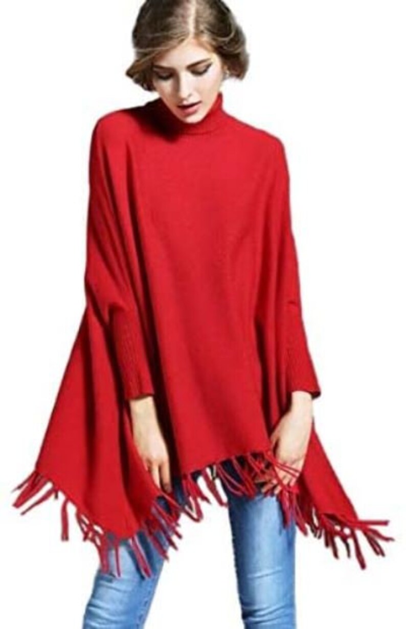 Women's New Red 100% Wool Poncho Sweater One Size Fits All image 3