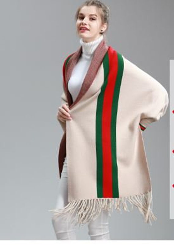 Wool Blend Cape Shawl Wrap With Sleeves Beige Red Green Women s Etsy