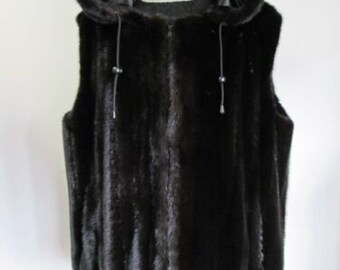 Men's Sz XL New Natural Dark Ranch Mink Fur Vest with HOOD