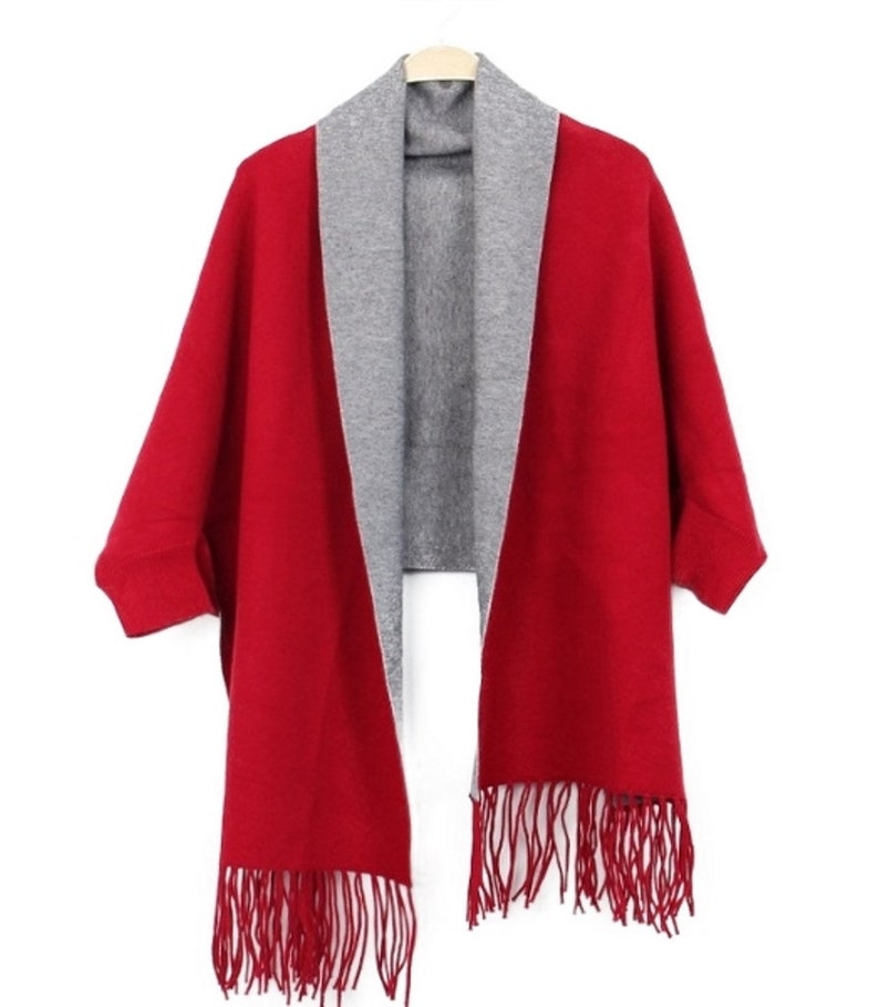 Wool Blend Cape Shawl with Sleeves Red Gray Women s Scarves Wraps