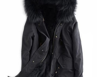 Nueva chaqueta de abrigo de invierno M para mujer, Parka de piel de mapache negra, forro de capucha desmontable