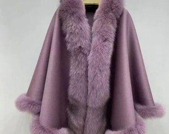 Women's Brand New Cashmere Wool Wrap Cape Fox Fur  !  Mauve Purple Violet