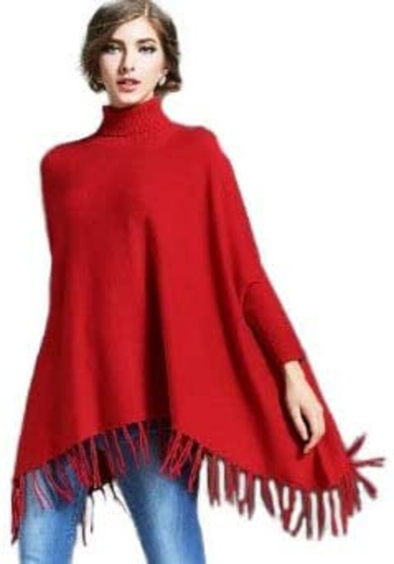 Women's New Red 100% Wool Poncho Sweater One Size Fits All image 2