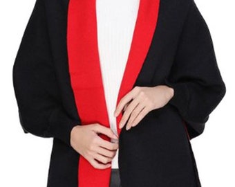 Wool Blend Cape Shawl with Sleeves Black Red Women's