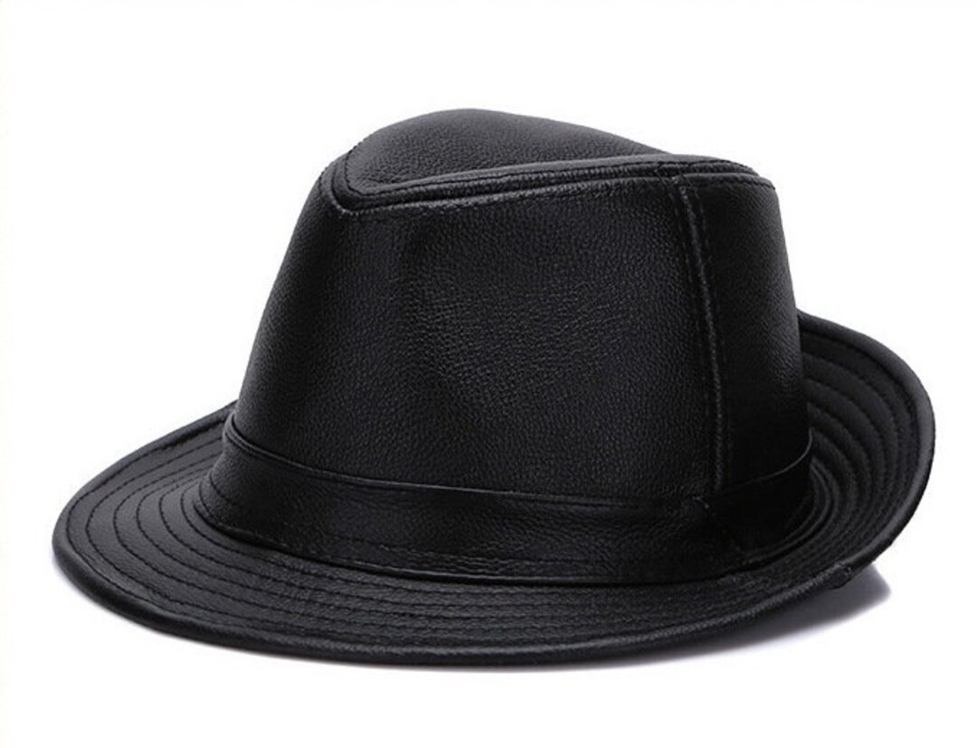 Men's New Black Leather Fedora Hat Etsy