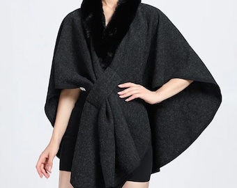 GrayWool Blend Cape Shawl Wrap Poncho with Black Rex Rabbit Women's