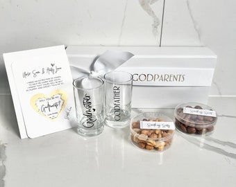 Will you be my godparents? Personalised gift box godmother gifts godfather shot glass, mixed nuts Chocolates and scratch card godparent gift