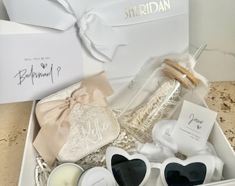 OG PLUS - Bridesmaid / Maid of Honour Proposal Box  Personalsied Box Glass Tumbler  candle Jewellery Box scrunchie Sunglasses WHITE