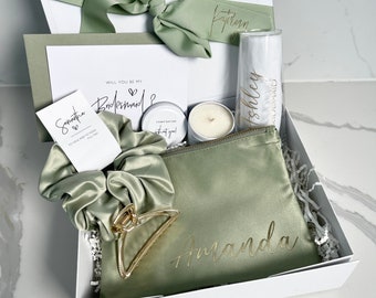 SPOILT = Bridesmaid / Maid of Honour Proposal Box Sage Personalised Proposal gift Box Scrunchie Stemless Flute Candle Makeup Bag Hair Clip
