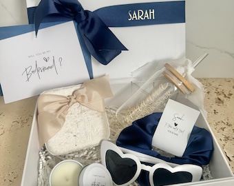 OG PLUS - Bridesmaid / Maid of Honour Proposal Box  Personalsied Box Glass Tumbler  candle Jewellery Box scrunchie Sunglasses NAVY Blue