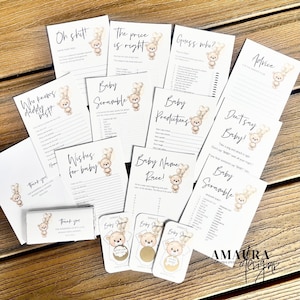 12 x Printed Baby Shower Game Cards - Gender Neutral Teddy Bear balloons Advice, Wishes, Games, Don’t say Baby, Predictions White Cardstock