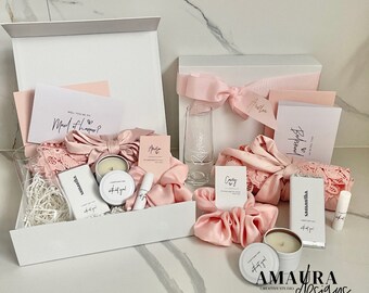 ESSENTIALS PLUS = Bridesmaid Maid of Honour Proposal Box personalised candle, flute, robe, scrunchie lip Pink Blush Proposal bridal gift Box