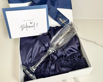 AFFORDABLE = Bridesmaid / Maid of Honour Proposal Box Navy Blue Personalised Proposal gift Box Lace Satin Robe & Champagne Flute
