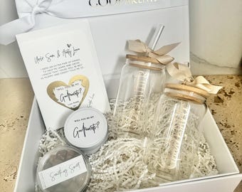 Will you be my Godparents? Godparent Personalised gift box gifts proposal box , glass iced coffee cups, Chocolates Nuts scratch card