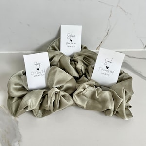 LUXE SCRUNCHIE Premium Silk Satin Personalised Bridesmaid Scrunchie Hair Proposal box Gift Card Sage Green Silk Satin Handmade