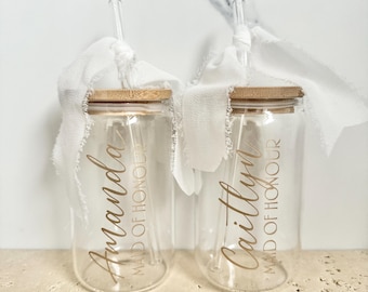 Caja de propuesta personalizada, vaso de vidrio y pajita, té helado, café, dama de honor, regalos de propuesta, cristalería de regalo, champán, texto dorado, fiesta nupcial