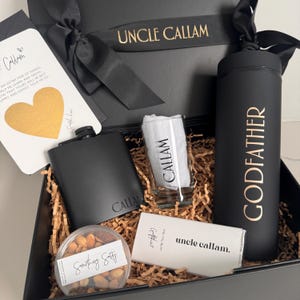 Will you be my Godfather? Personalised gift box gifts Hip Flask Shot Glass chocolate Mixed Nuts scratch card straw bottle tumbler