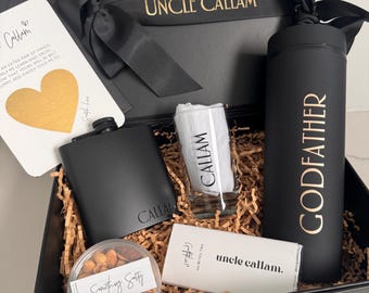 Will you be my Godfather? Personalised gift box gifts Hip Flask Shot Glass chocolate Mixed Nuts scratch card straw bottle tumbler