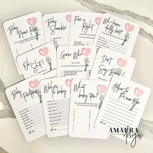 12 x Printed Baby Shower Game Cards - Advice, Wishes, Games, Don’t say Baby, Predictions White Cardstock girl pink balloon