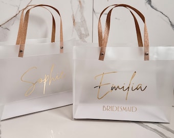 NEW SIZE! Personalised Bridesmaid Bag clear frosted carry bag Personalised with Gold Name proposal gift bags 28cm x 22cm