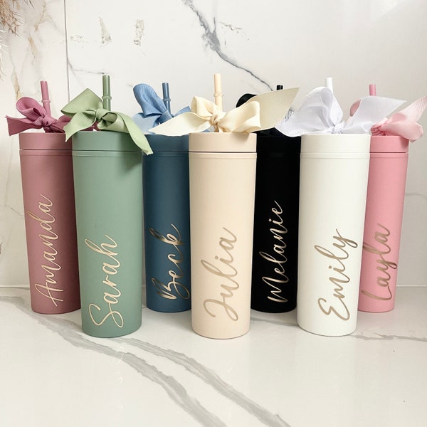 Personalised Bridesmaid Skinny Tumbler with straw Double wall 16oz drink bottle Personalised with Name for proposal box / gift bags