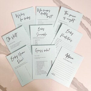 12 x Printed Baby Shower Game Cards BABY BLUE - Gender  Advice, Wishes, Games, Don’t say Baby, Predictions 260gsm Cardstock