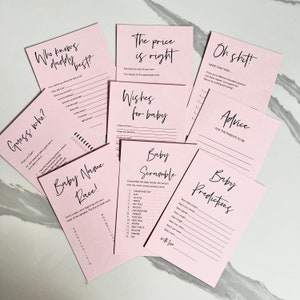 12 x Printed Baby Shower Game Cards BABY PINK - Gender  Advice, Wishes, Games, Don’t say Baby, Predictions 260gsm Cardstock