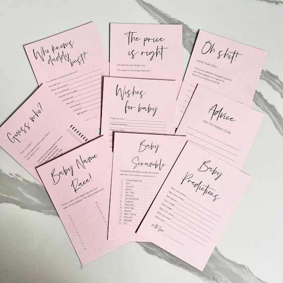 12 x Printed Baby Shower Game Cards BABY PINK - Gender  Advice, Wishes, Games, Don’t say Baby, Predictions 260gsm Cardstock