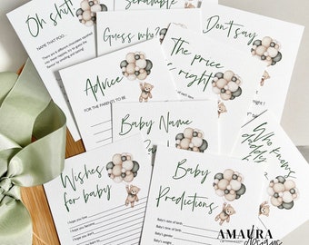 12 x Printed Baby Shower Game Cards - Gender Neutral SAGE Teddy balloons Advice, Wishes, Games, Don’t say Baby, Predictions White Cardstock