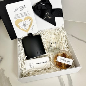 Will you be my godfather? Personalised gift box godfather gifts hip flask shot glass Chocolate, mixed Nuts and scratch card godfather gift