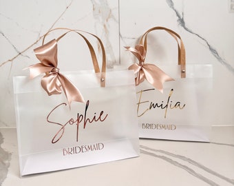 NEW SIZE! Personalised Bridesmaid Bag clear frosted carry bag Personalised  Gold or Rose Gold Name with ribbon proposal gift bags 28 x 22cm