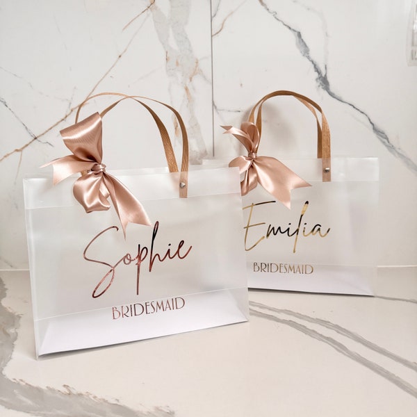 NEW SIZE! Personalised Bridesmaid Bag clear frosted carry bag Personalised  Gold or Rose Gold Name with ribbon  proposal gift bags 28 x 22cm