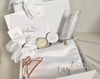 SPOILT = Bridesmaid / Maid of Honour Proposal Box White Personalised Proposal gift Box Scrunchie Stemless Flute Candle Makeup Bag Hair Clip