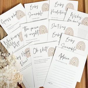 12 x Printed Baby Shower Game Cards - Gender Neutral gold rainbow Advice, Wishes, Games, Don’t say Baby, Predictions White Cardstock