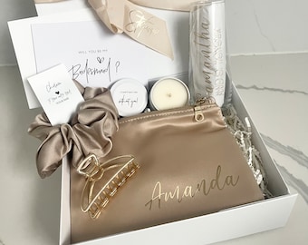 SPOILT = Bridesmaid / Maid of Honour Proposal Box Champagne Personalised Proposal gift Box Scrunchie Stemless Flute Candle Makeup Bag Clip