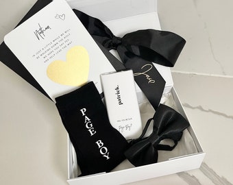 Page Boy Gift Mini Proposal Box Black Socks, Bow tie, mini chocolate bar Personalised filled Proposal Box gift box scratch card