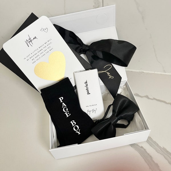Page Boy Gift Mini Proposal Box Black Socks, Bow tie, mini chocolate bar Personalised filled Proposal Box gift box scratch card