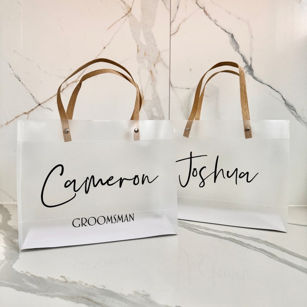 NEW SIZE! Personalised Groomsman Best Man Bridesman Bag clear frosted carry bag Personalised with Name proposal gift bags 28cm x 22cm