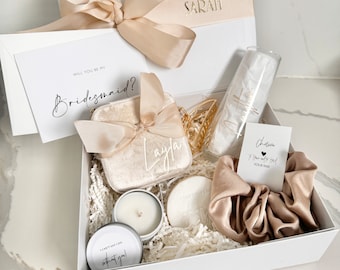 CHERISH = Bridesmaid Maid of Honour Proposal Box Champagne Ivory Personalised Proposal gift Box Flute Jewellery Scrunchie  candle cookie