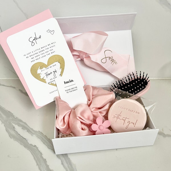 Flower Girl Gift Mini Proposal Box Pink Blush sydney Personalised filled Proposal Box gift box Brush Scrunchie cookie flower clip scratch ca