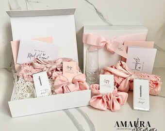 ESSENTIALS = Bridesmaid / Maid of Honour Proposal Box personalised champagne flute, robe scrunchie gifts Pink Blush Proposal bridal gift Box