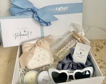 OG PLUS - Bridesmaid / Maid of Honour Proposal Box  Personalsied Box Glass Tumbler  candle Jewellery Box scrunchie Sunglasses Dusty Blue