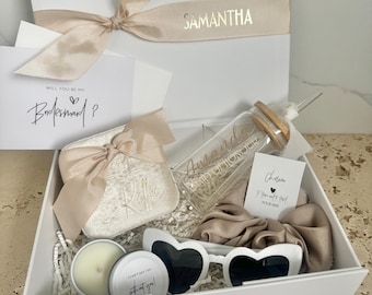 OG PLUS - Bridesmaid / Maid of Honour Proposal Box  Personalsied Box Glass Tumbler  candle Jewellery Box scrunchie Sunglasses CHAMPAGNE