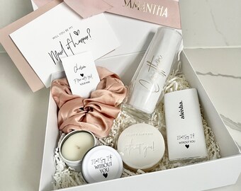 FAVOURITES = Bridesmaid Maid of Honour Proposal Box personalised candle stemless flute scrunchie cookie choc ROSE GOLD Proposal bridal gift