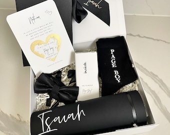 Page Boy Gift Proposal Box Socks , Bow tie, mini chocolate bar water bottle Personalised filled proposal box gift box scratch card